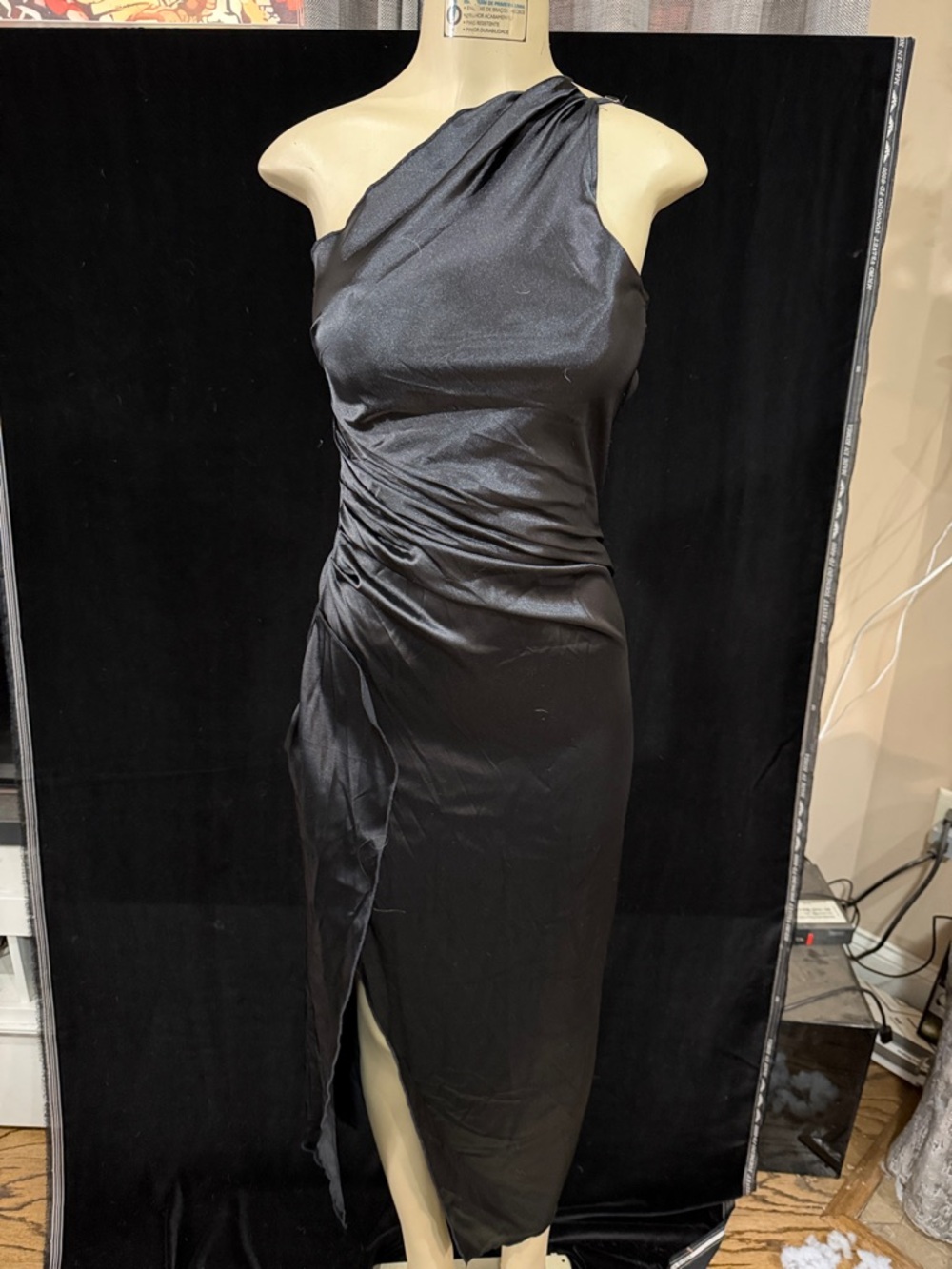 One-Shoulder Black Ruched Evening Dress